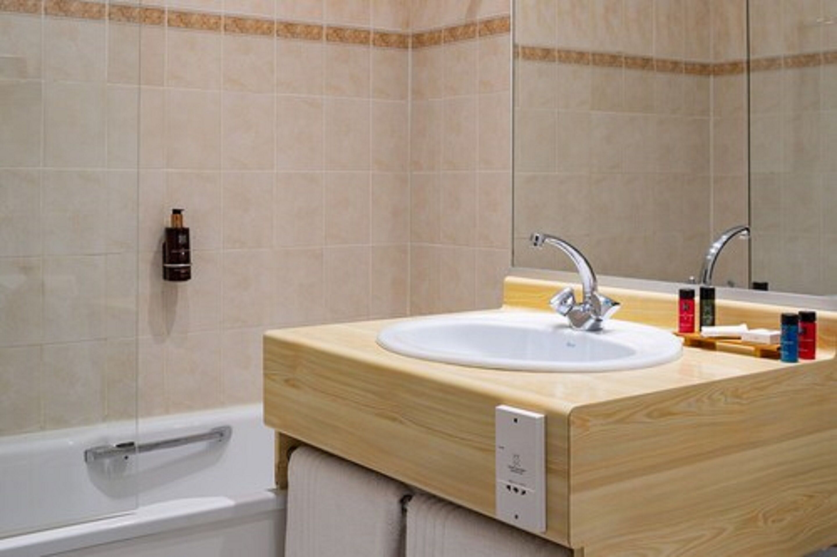 hair dryer, towels, soap, shampoo