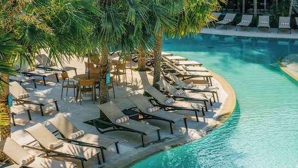 A poolside area with lounge chairs and a palm tree. - Los Tajibos, Santa Cruz de la Sierra, a Tribute Portfolio Hotel (Santa Cruz)