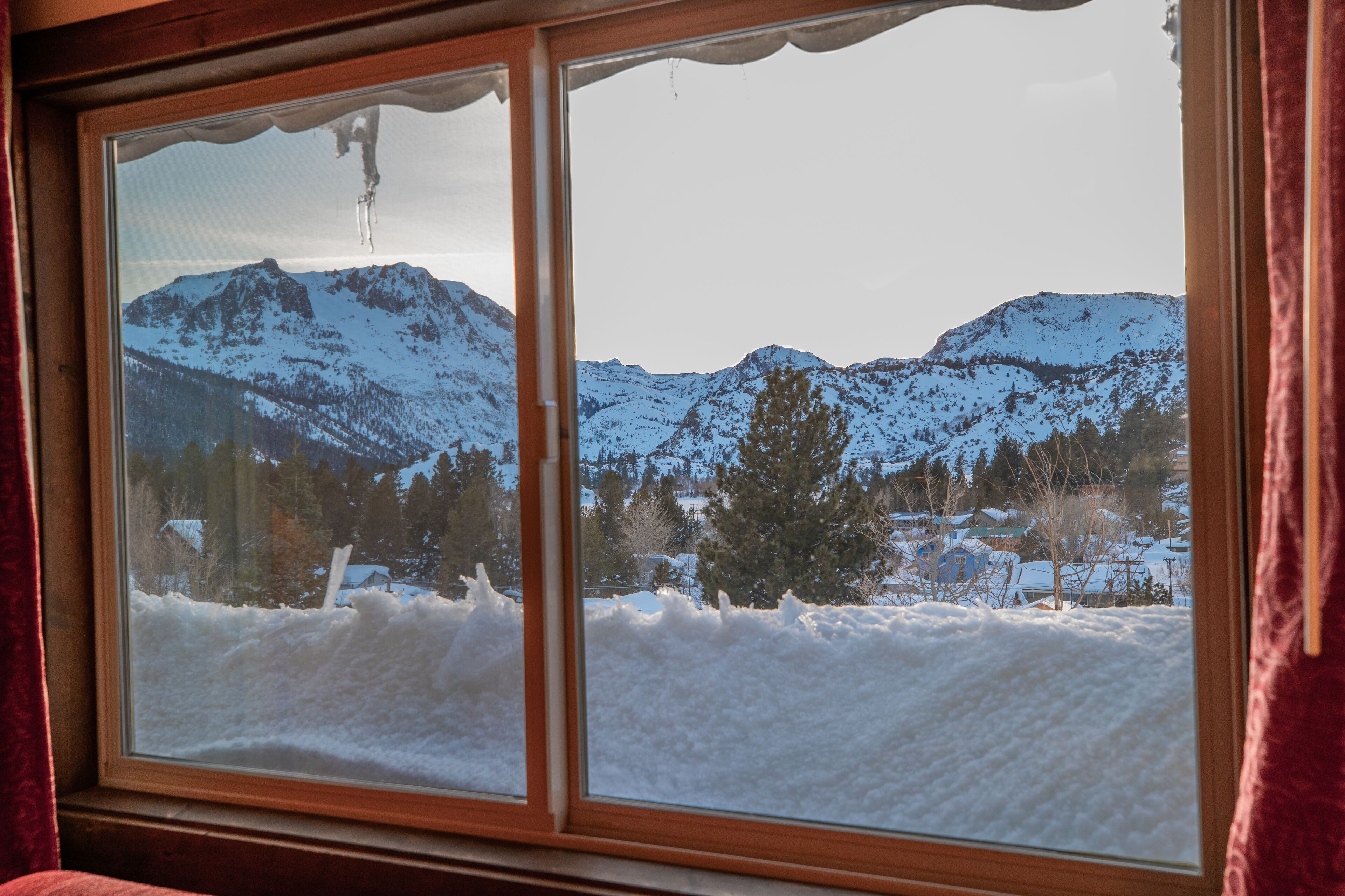 Una ventana con vistas a montañas nevadas y un bosque.