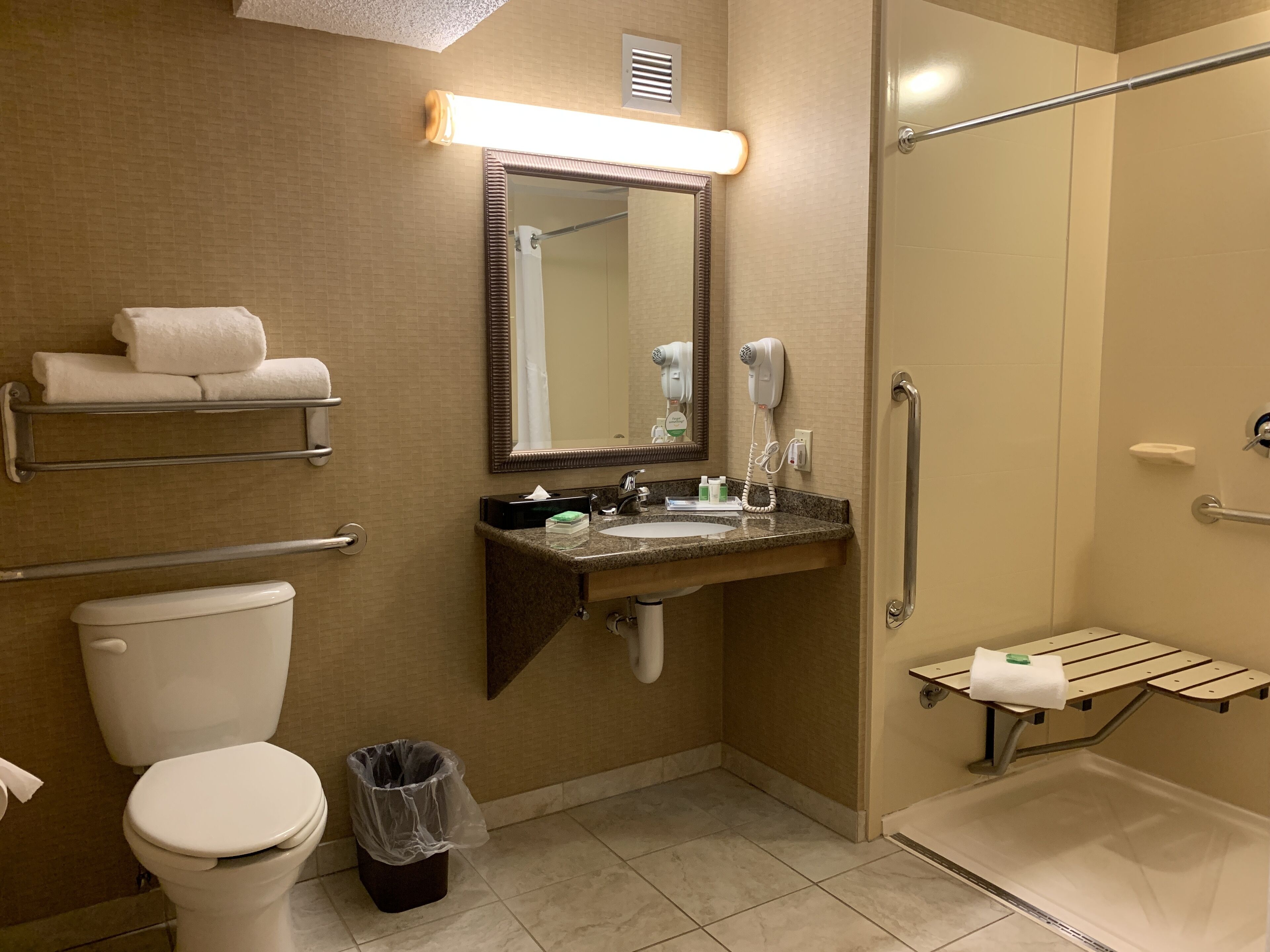 standard room, 1 king bed, roll-in shower (communications accessible) | bathroom | combined shower/bathtub, free toiletries, hair dryer, towels