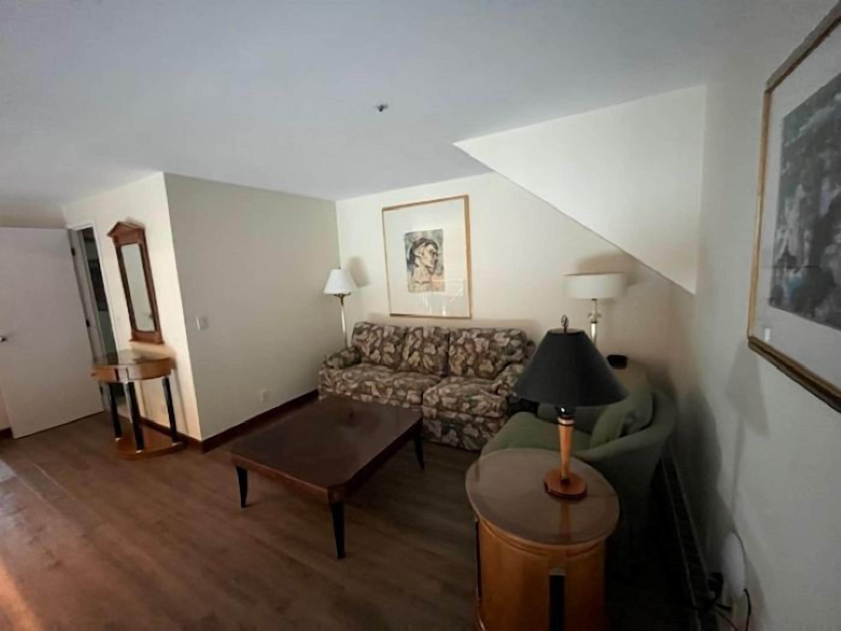 Un salon avec un canapé, une table basse, une lampe et un tableau encadré au mur.