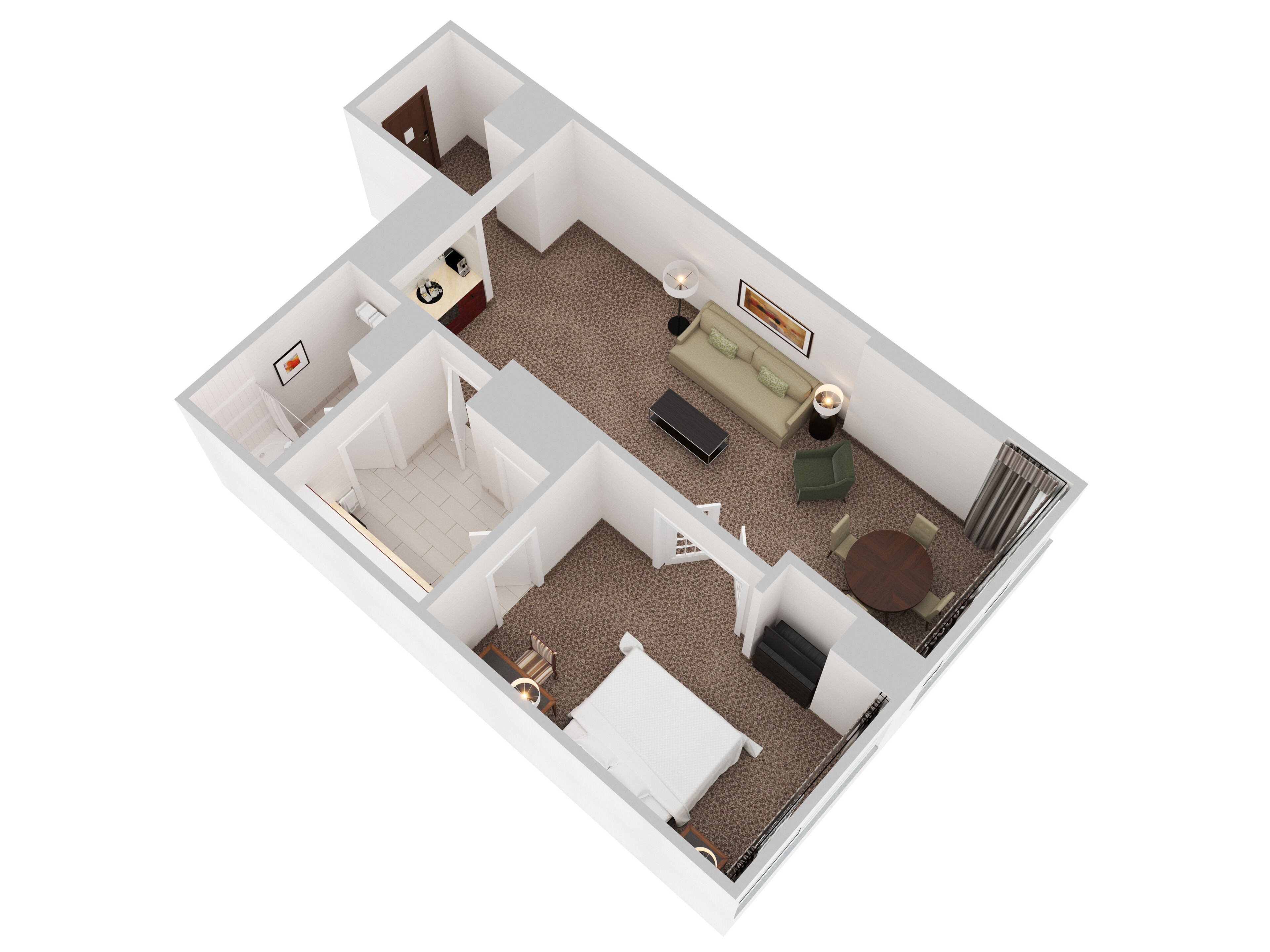 A 3D floor plan of a hotel room with a bed, a sitting area with a sofa and chairs, a small kitchen area, and a bathroom.