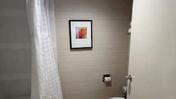 Ein Badezimmer mit Toilette, Dusche und einem gerahmten Bild an der Wand.