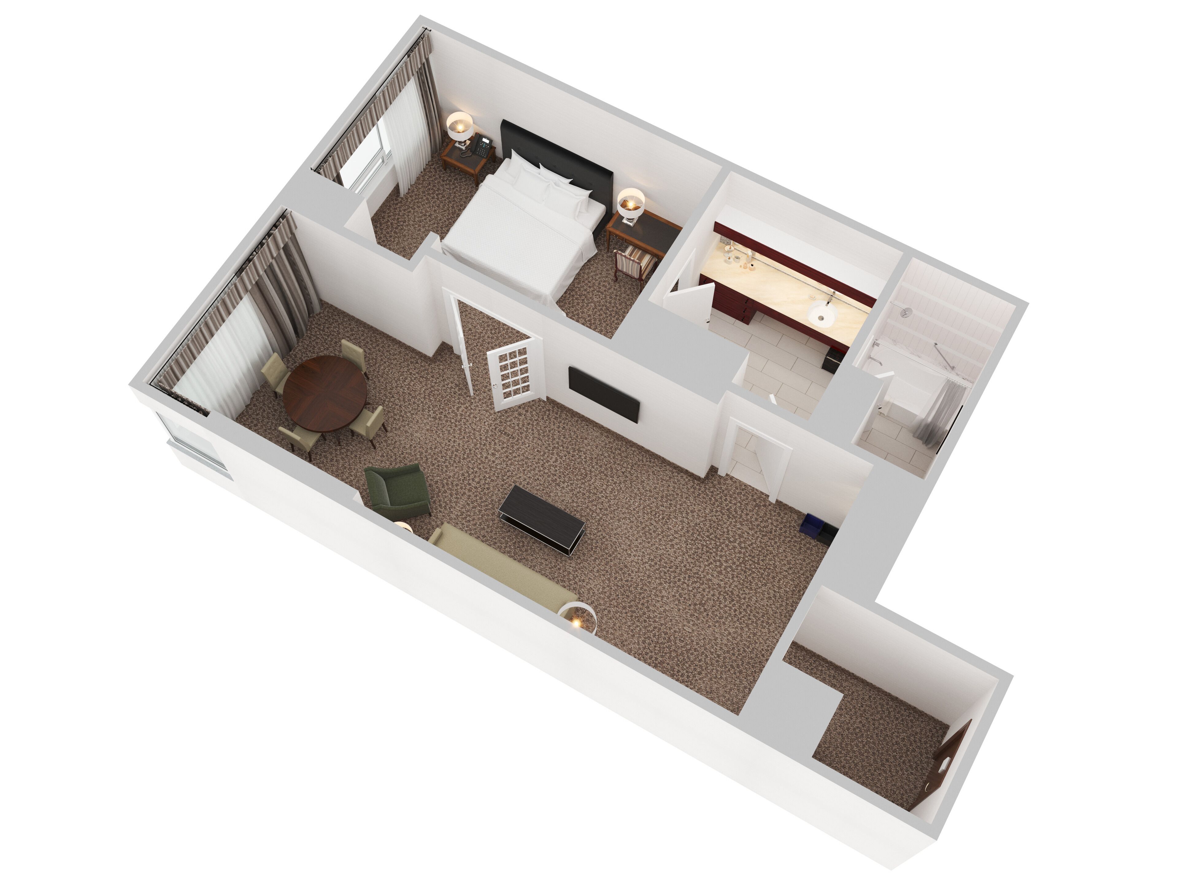 A 3D floor plan of a hotel room with a bed, bedside table, lamp, and a small seating area with a table and chairs.