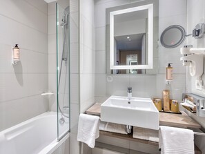 Eco-friendly toiletries, hair dryer, towels