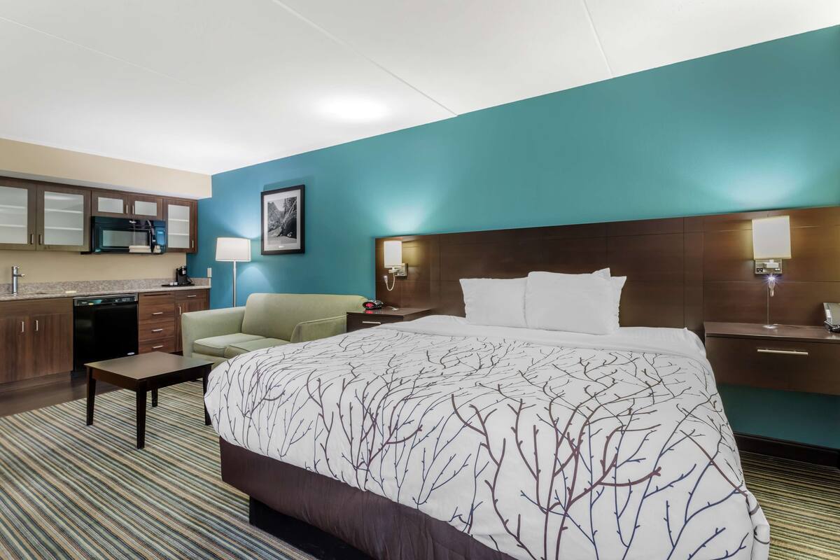 Une chambre d’hôtel avec un grand lit, un bureau, une chaise, une kitchenette et une salle de bain.