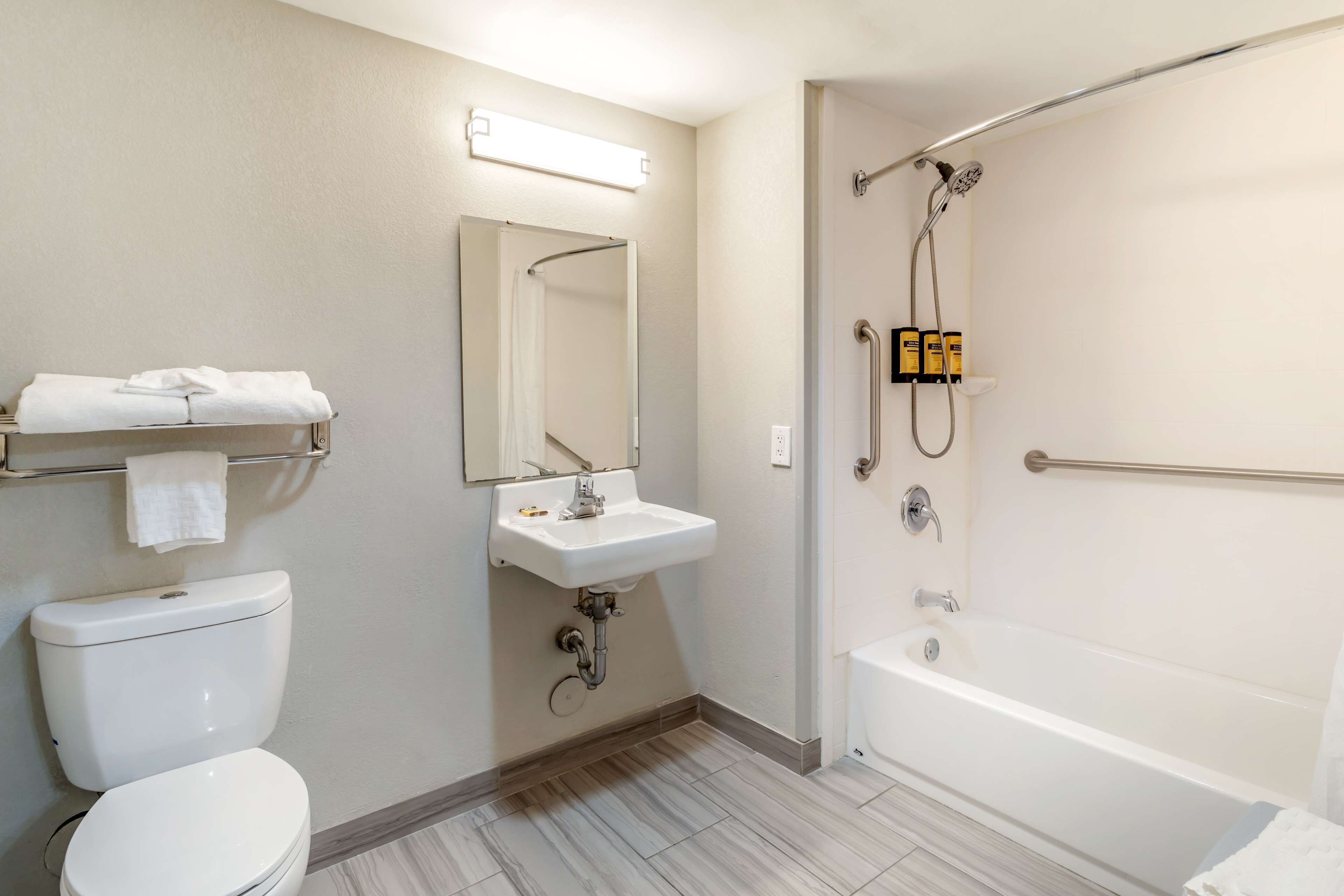 standard room, 1 king bed, accessible, refrigerator & microwave | bathroom | combined shower/bathtub, free toiletries, hair dryer, towels