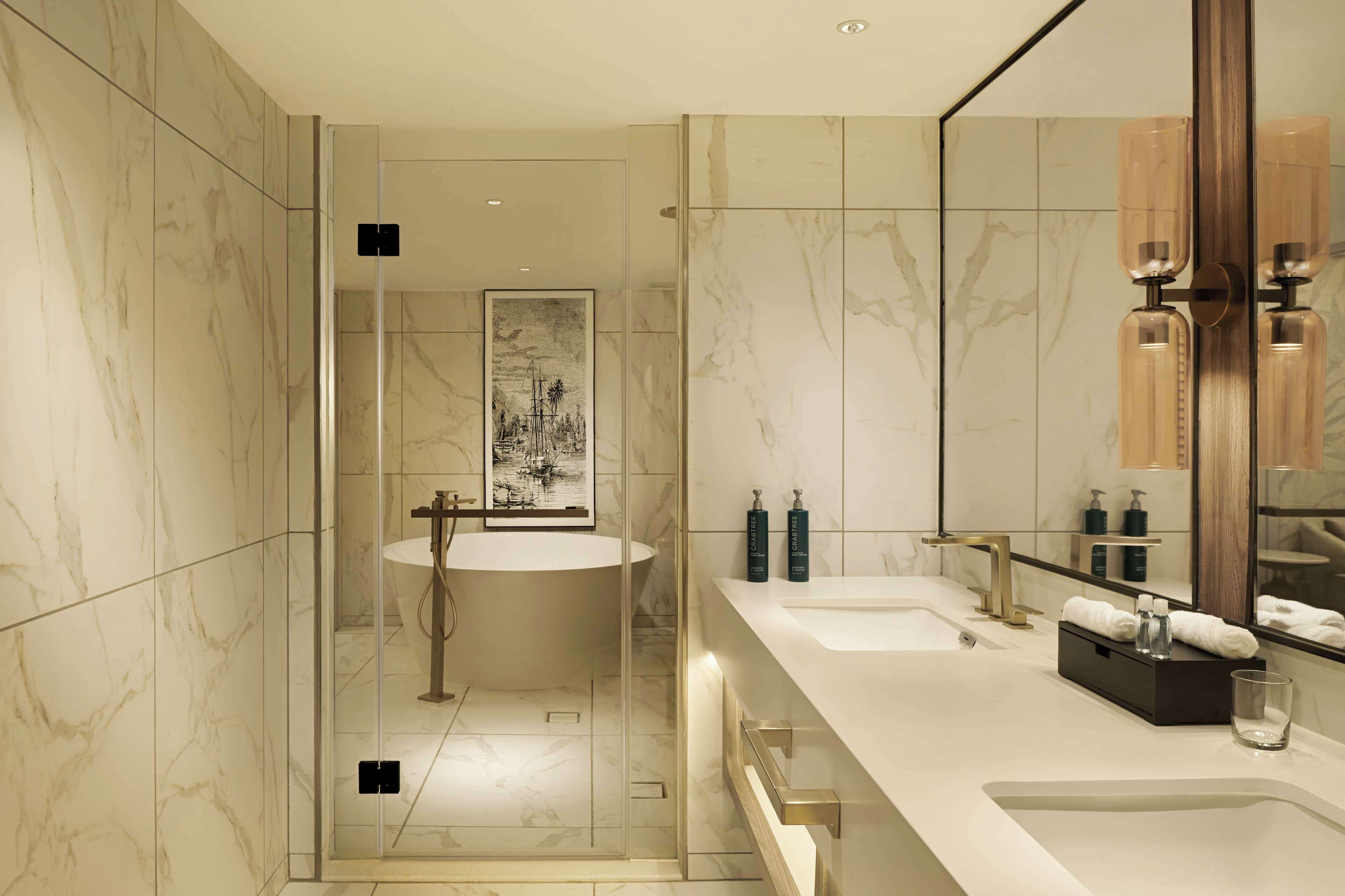 governor suite | bathroom | shower, rainfall showerhead, designer toiletries, hair dryer