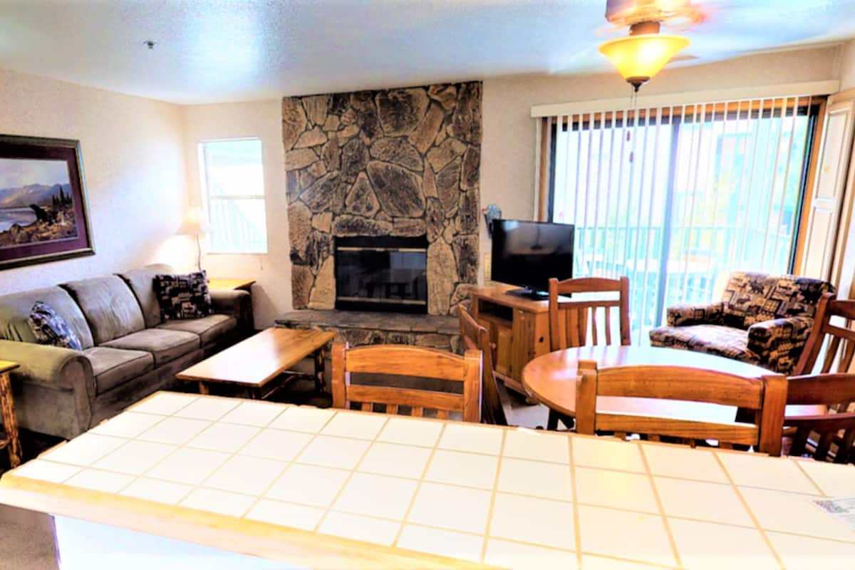 Condo, 1 Bedroom (Bear Hill, Non-AC) | Living area | 27-inch flat-screen TV with cable channels, TV, fireplace