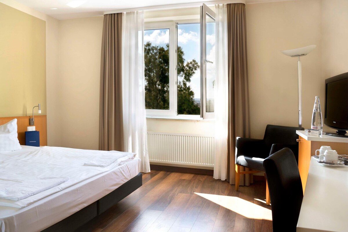 A hotel room with a bed, a desk, a chair, a television, and a window with curtains.