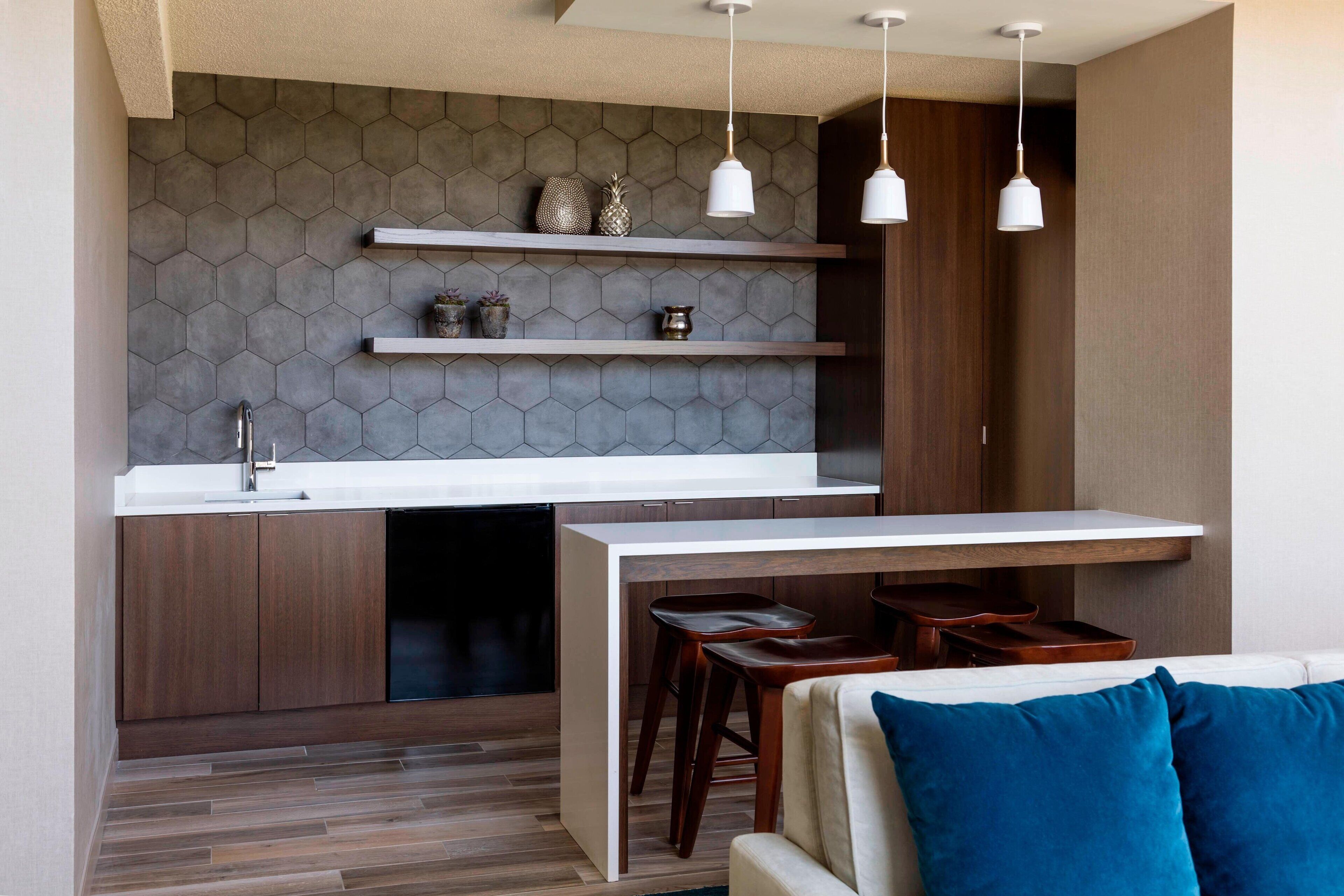 premium bedding, desk, laptop workspace, blackout curtains