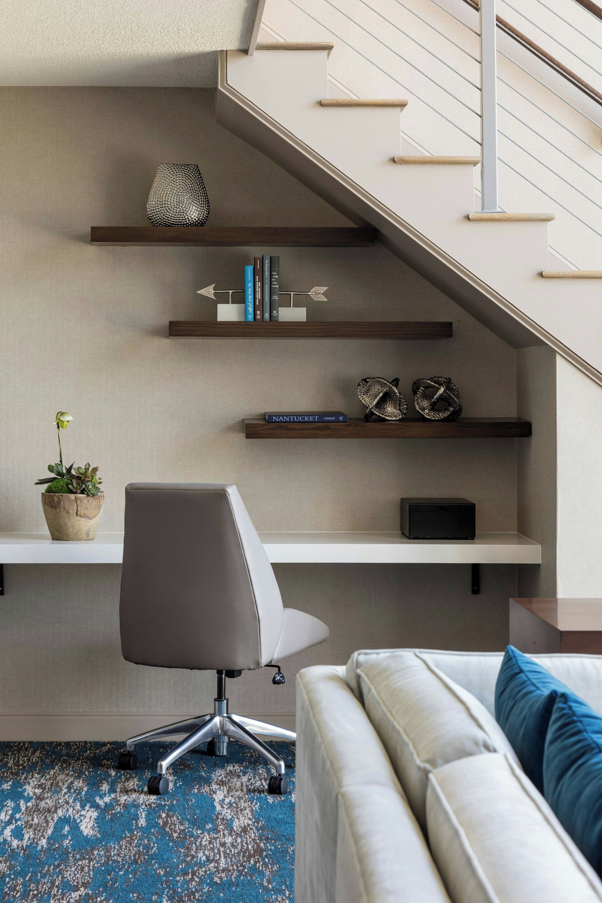 premium bedding, desk, laptop workspace, blackout curtains