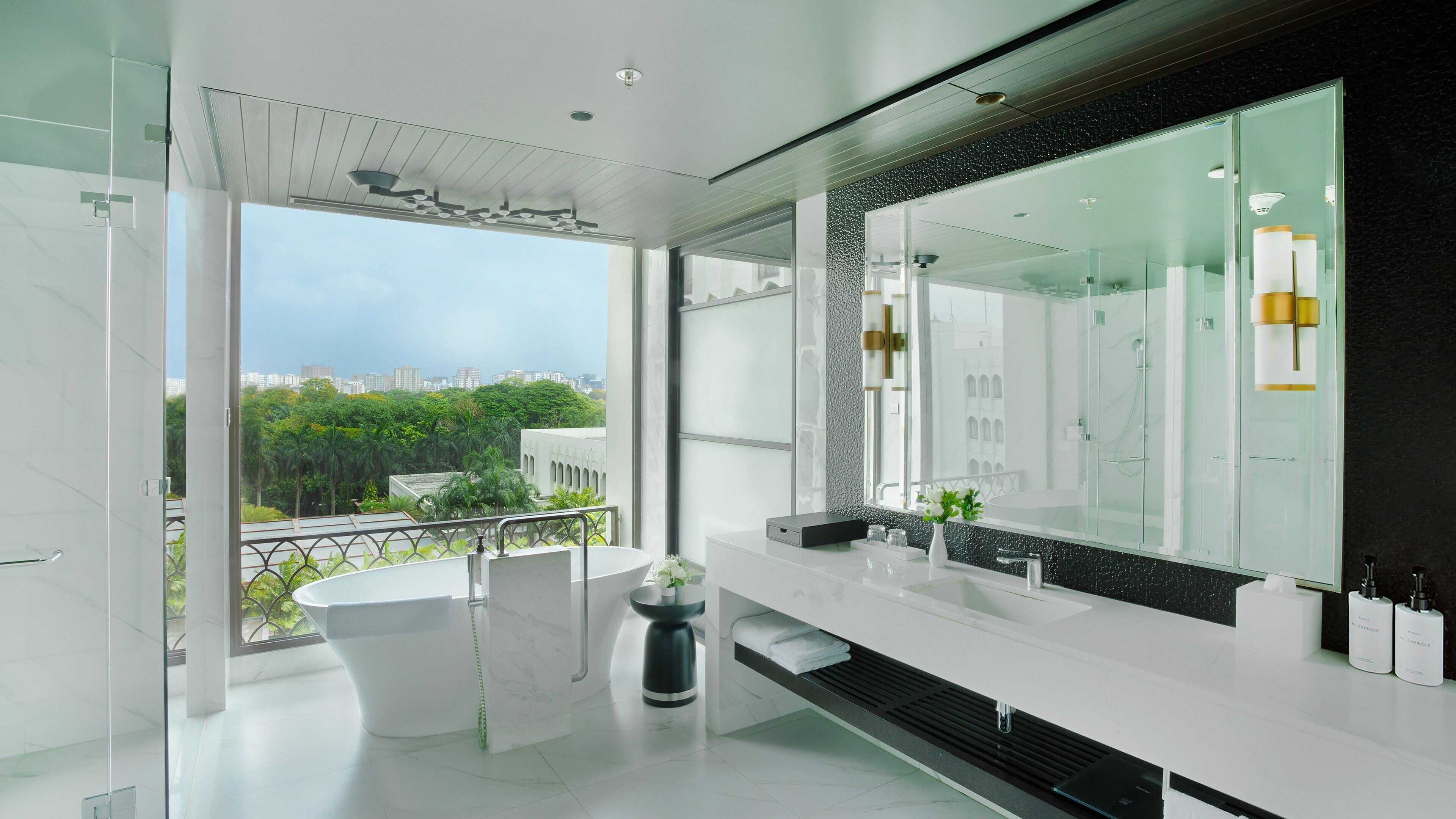 separate bathtub and shower, free toiletries, hair dryer, bathrobes