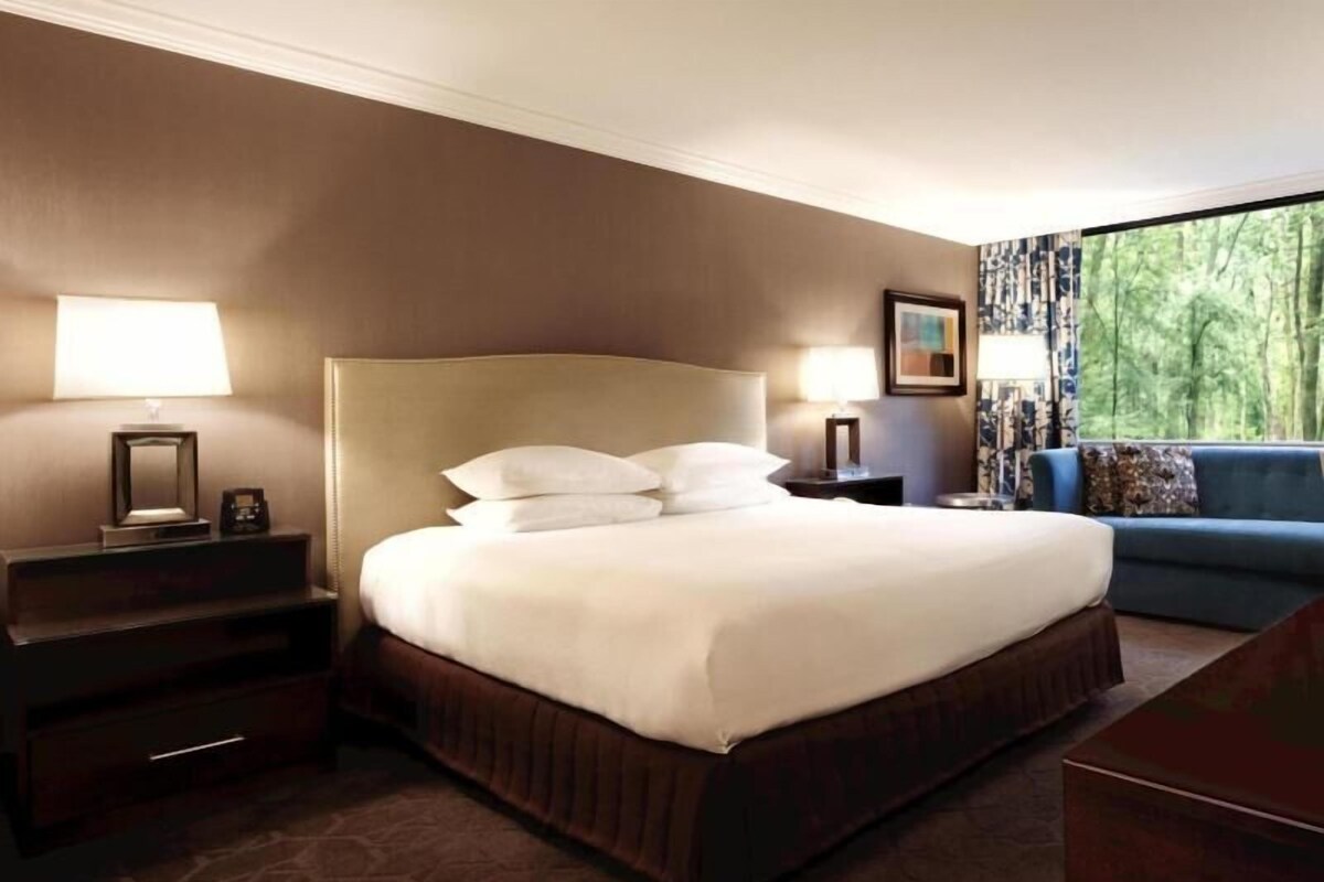 A hotel room with a large bed, a nightstand with a lamp, a blue sofa, and a window with a view of trees.