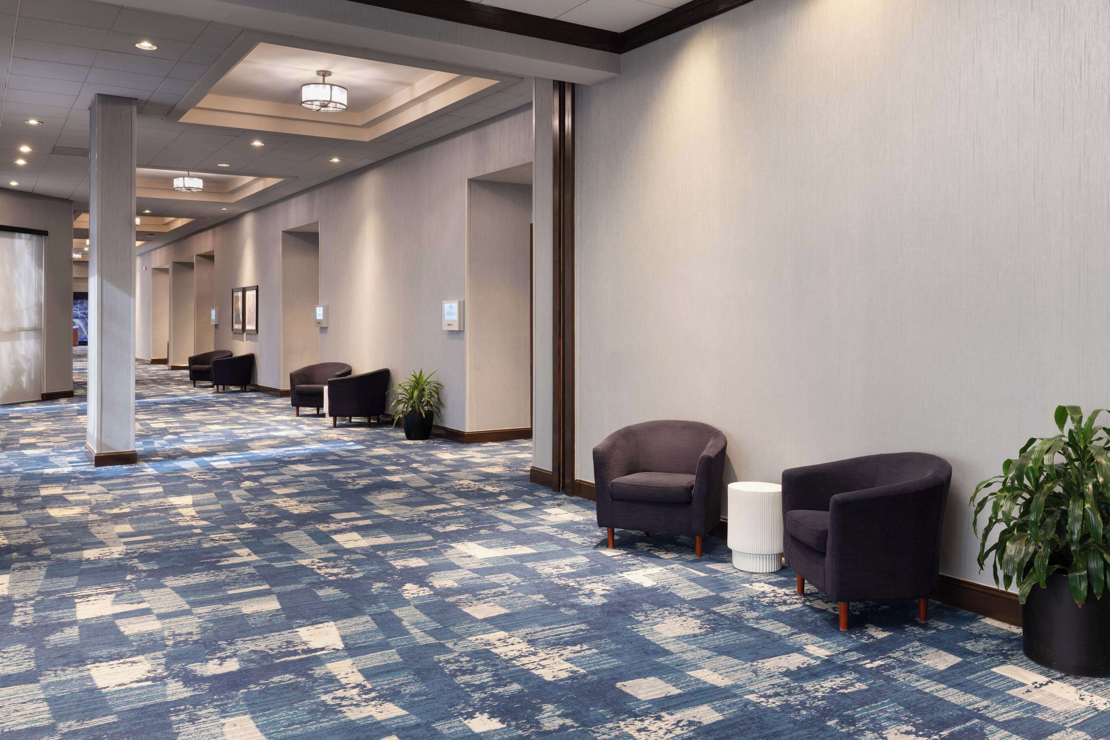 A hotel lobby with a patterned carpet, seating areas, and a large potted plant.