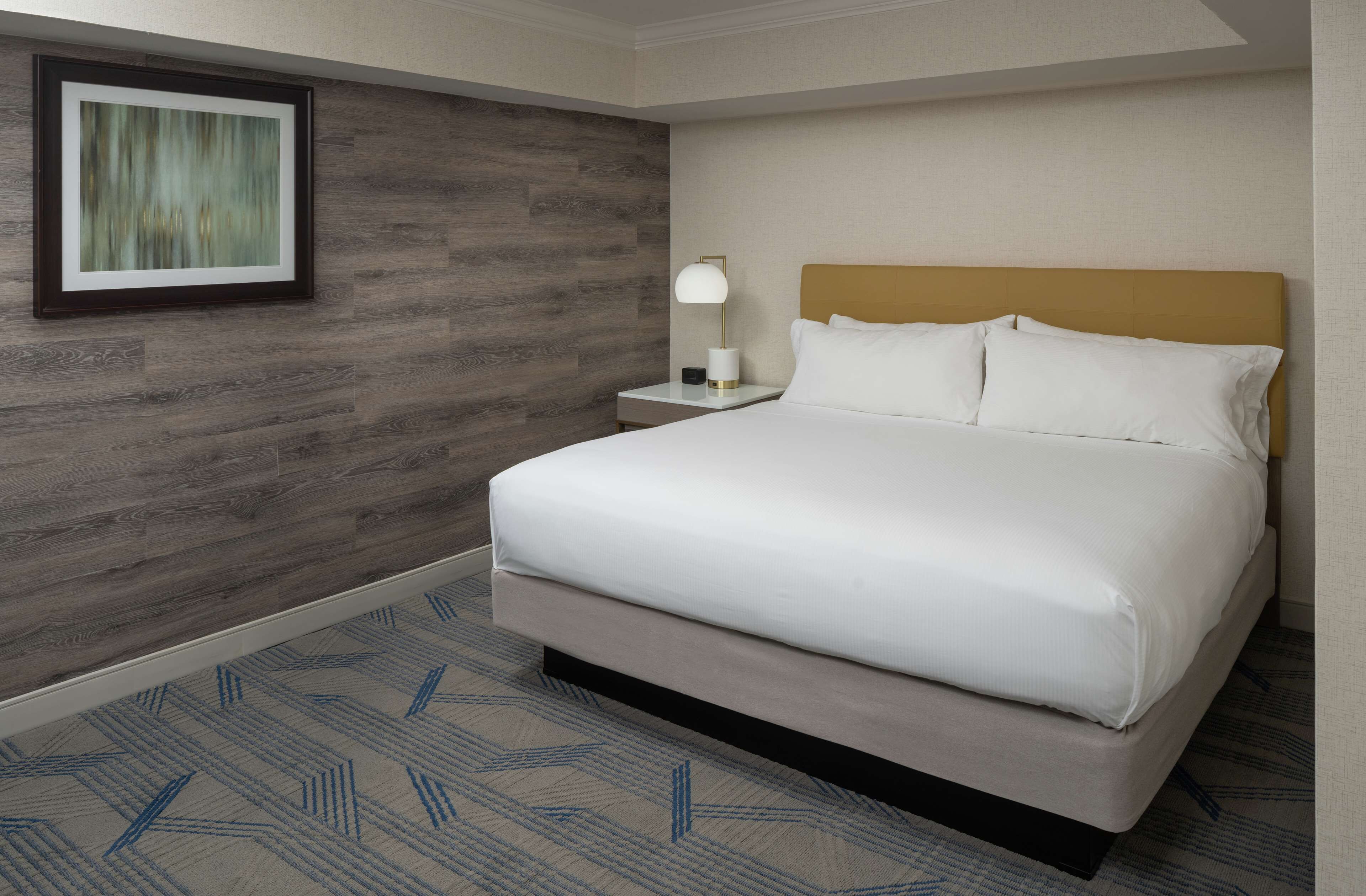 A hotel room with a large bed, a nightstand with a lamp, and a framed picture on the wall.