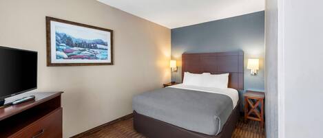 Una habitación de hotel con cama, televisión, un cuadro y una mesita de noche con lámpara.