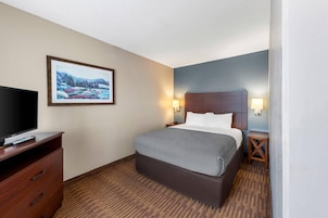 Una habitación de hotel con cama, televisión, un cuadro y una mesita de noche con lámpara.