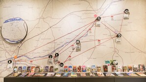 Un mapa con ubicaciones señaladas y una estantería con libros.