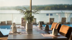 Une table à manger agrémentée d’une plante en pot, avec une vaisselle soigneusement disposée et des chaises offrant une vue sur un lac.