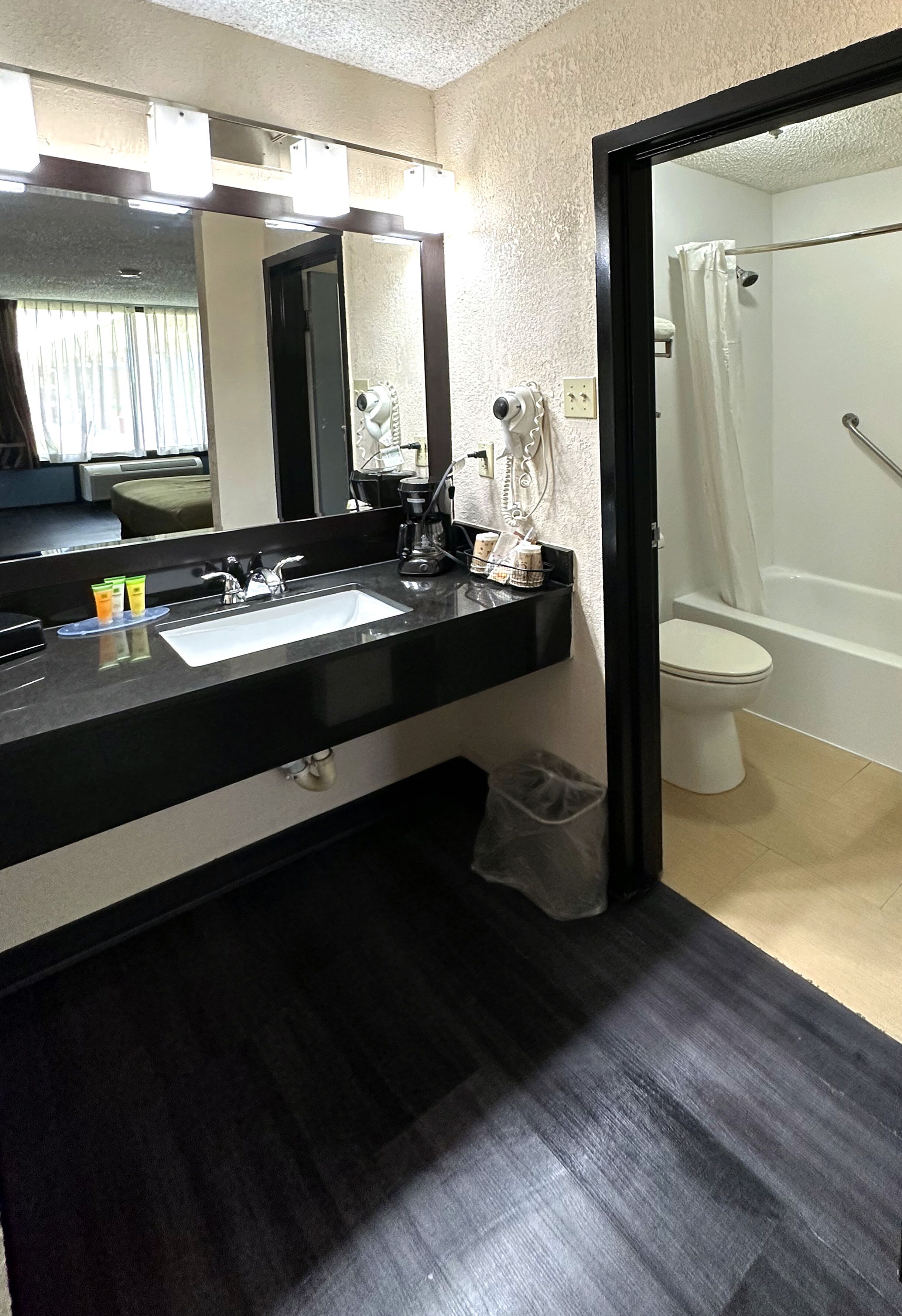 A bathroom with a black countertop, a sink, a mirror, a shower curtain, and a toilet.