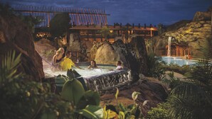 Zona de hidromasaje con caída de agua, rodeada de rocas y vegetación.