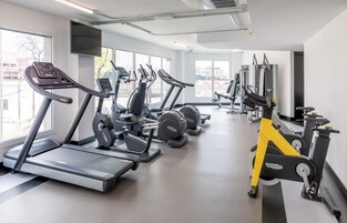 Ein Fitnessstudio mit Laufbändern, Crosstrainern und einem Ergometer.