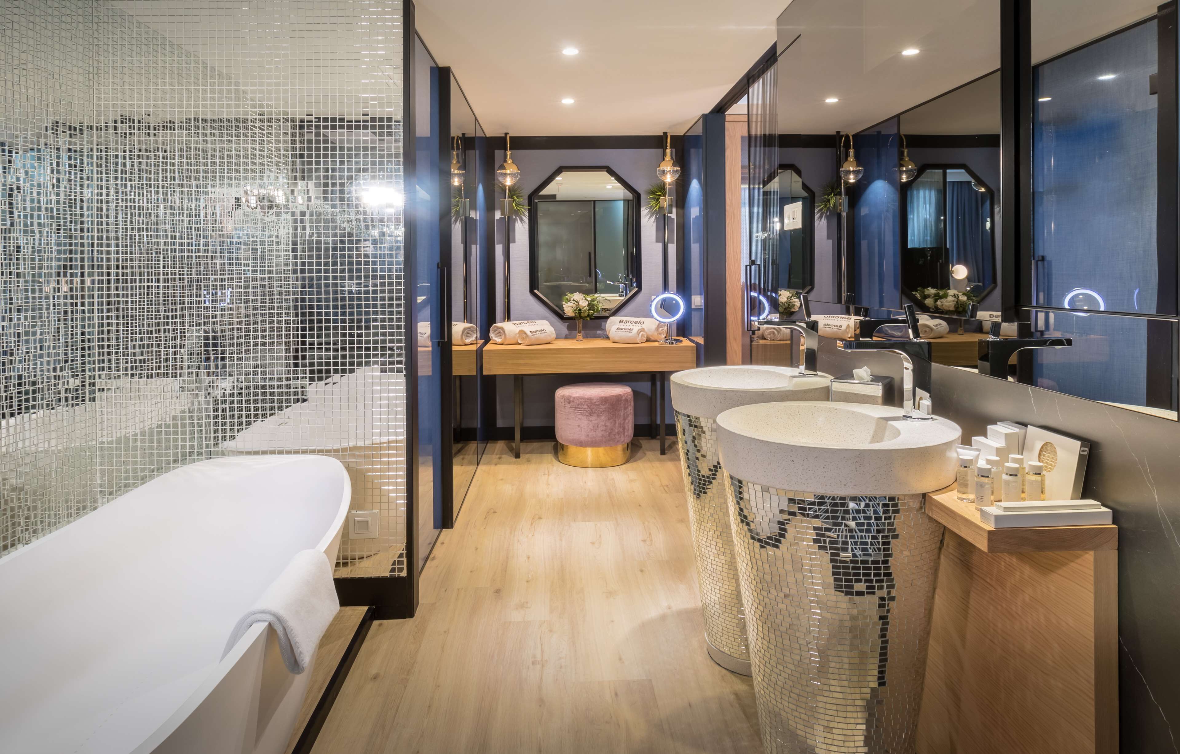 rainfall showerhead, designer toiletries, hair dryer, bathrobes