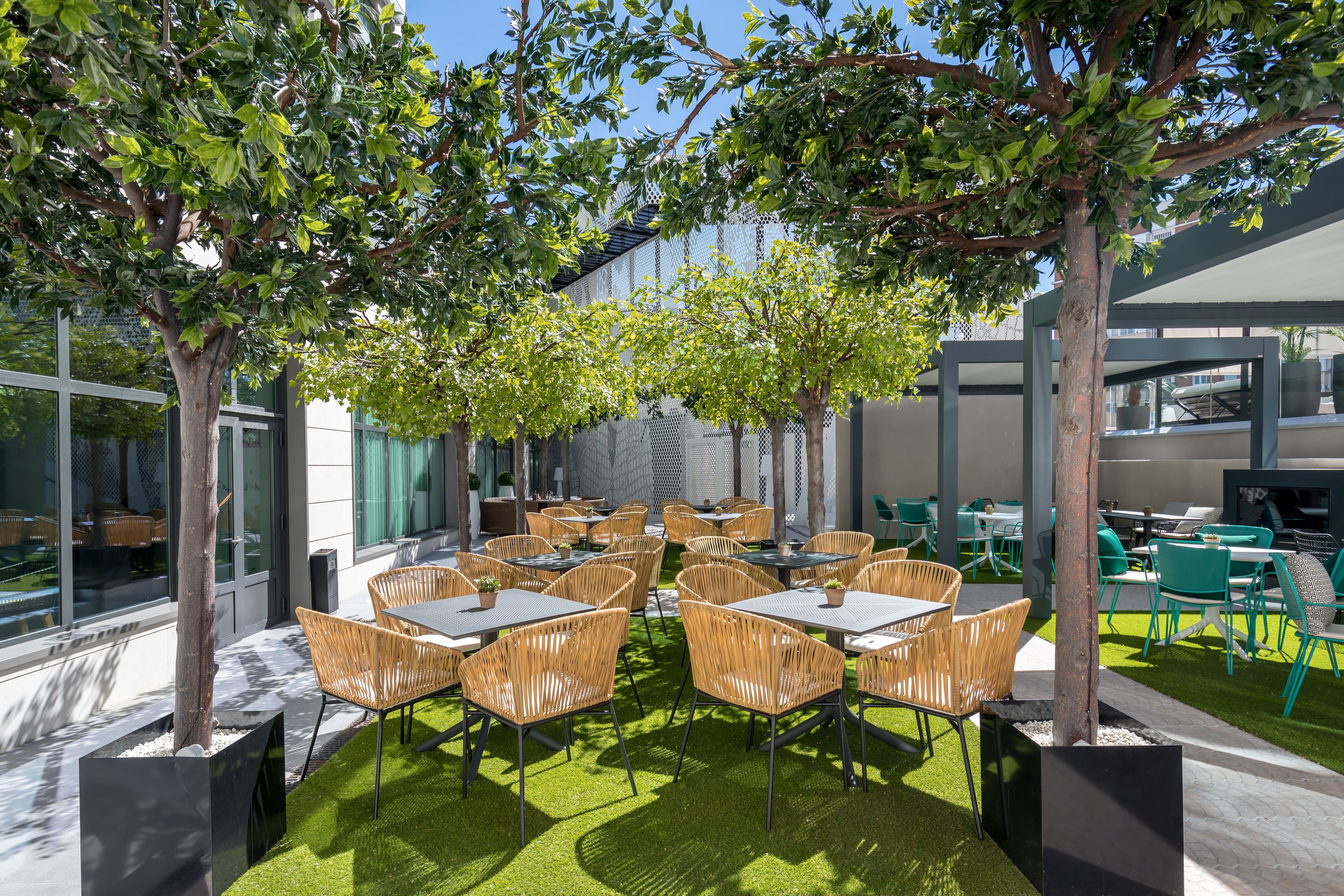 Un patio al aire libre con mesas y sillas, rodeado de árboles y un edificio al fondo.