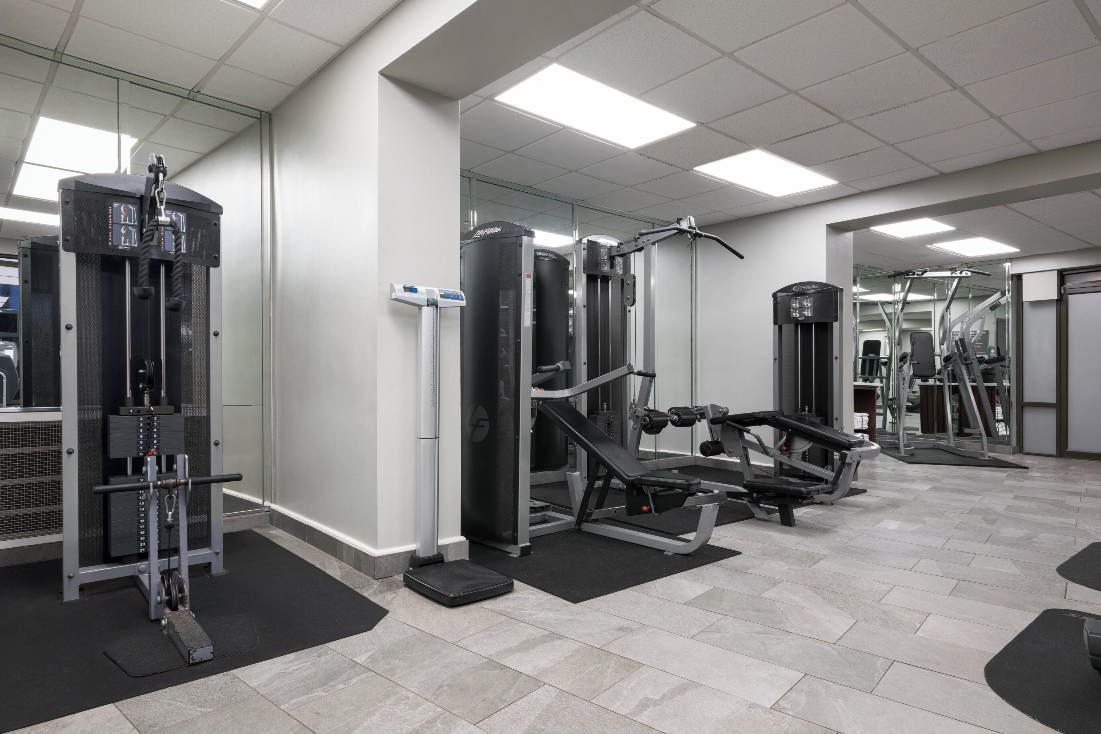 A gym with various exercise equipment, including a squat rack, a bench press, and a cable machine.