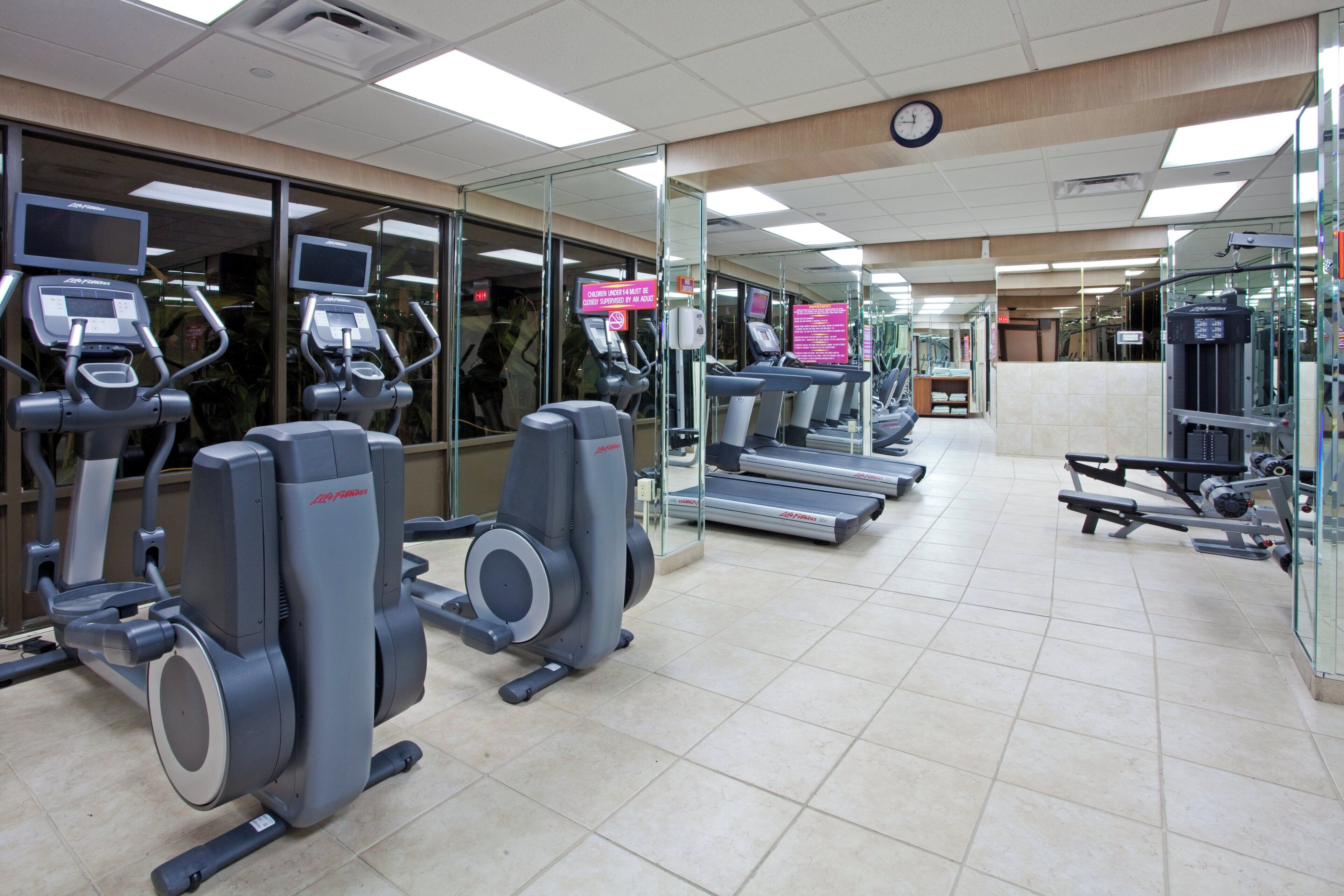 A gym with treadmills, elliptical machines, and weight equipment.