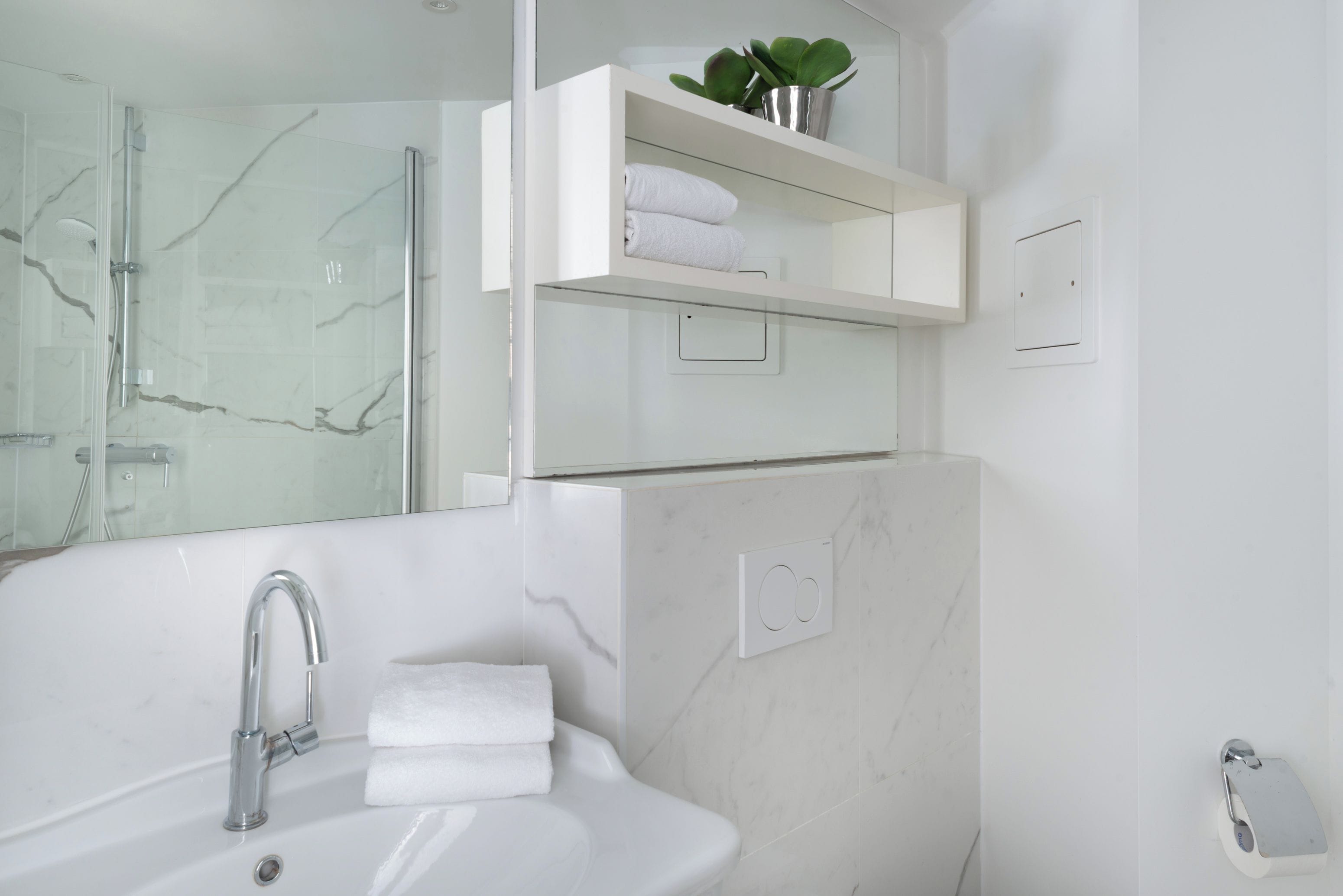 A modern bathroom with a glass shower enclosure, a white sink, and a built-in shelf with a potted plant.