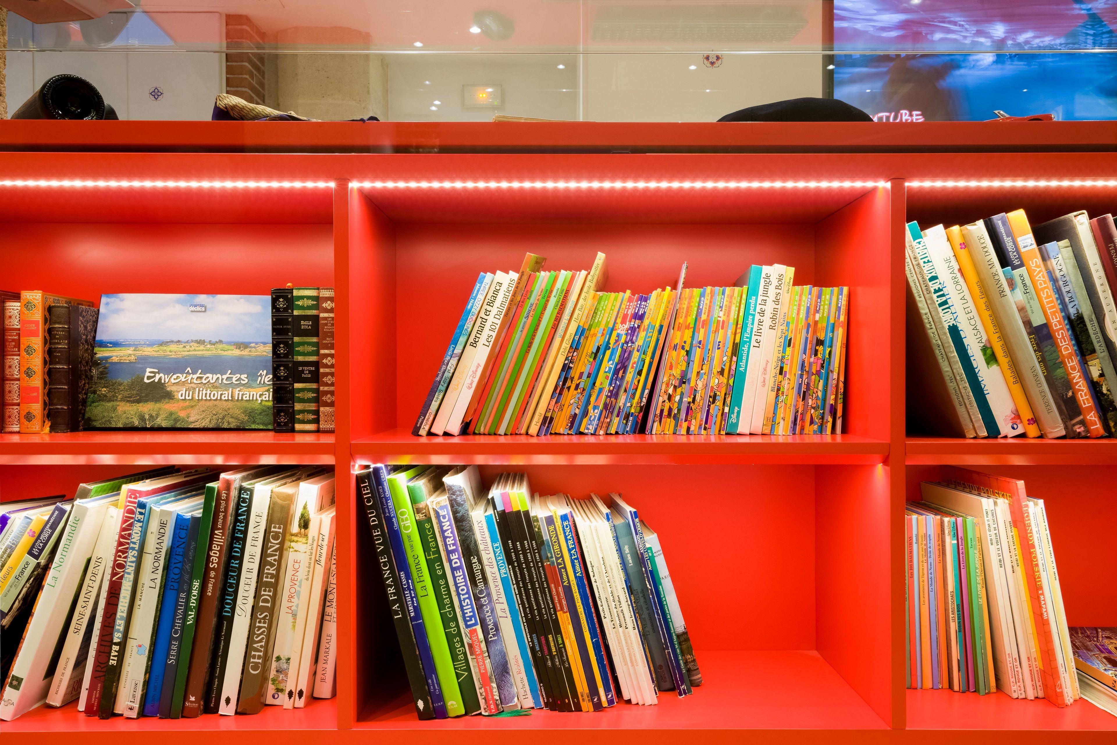 A bookshelf with a variety of books, including some with French titles.