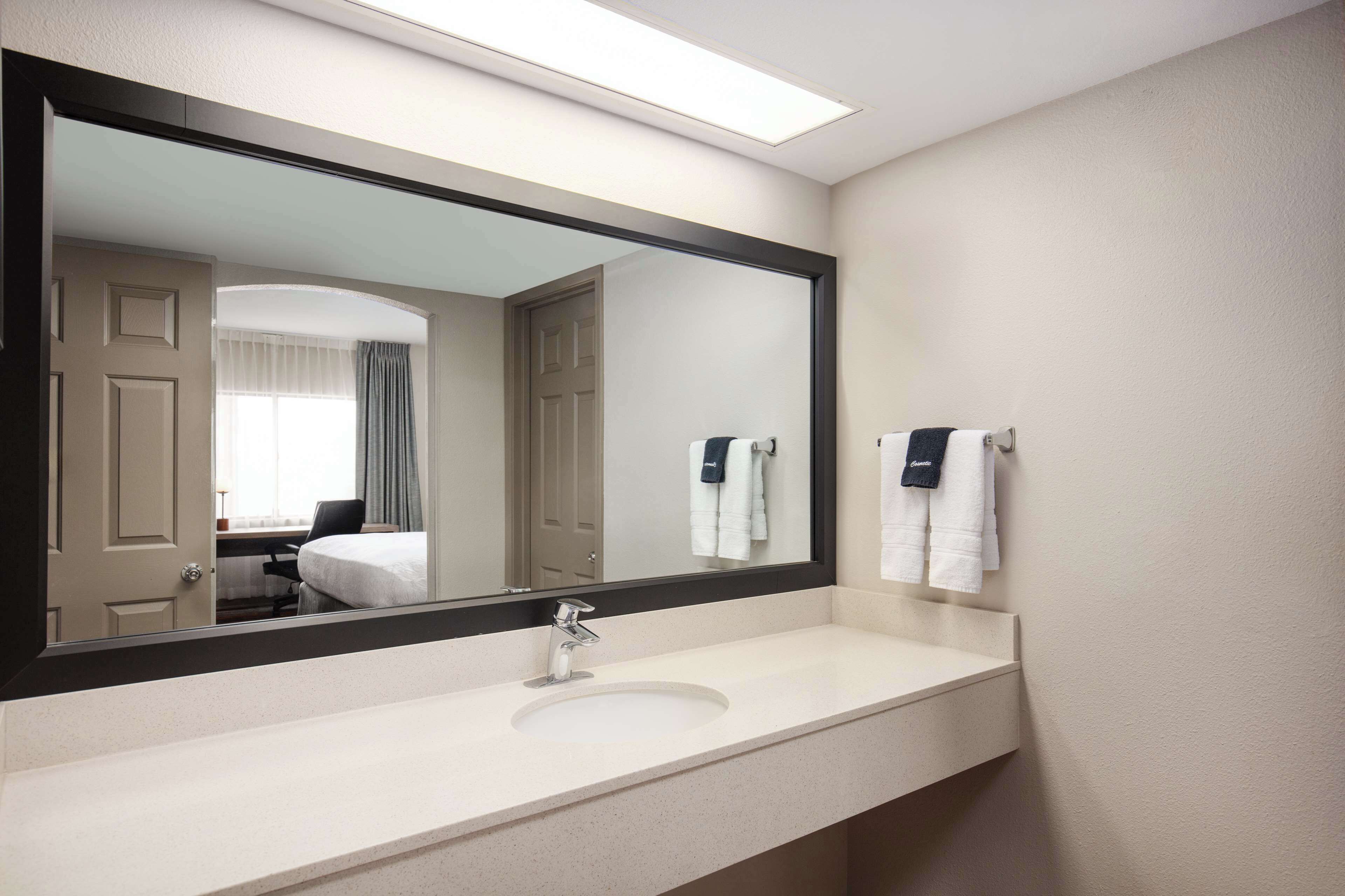 Un baño de hotel con un espejo grande, un lavabo y un perchero para toallas.