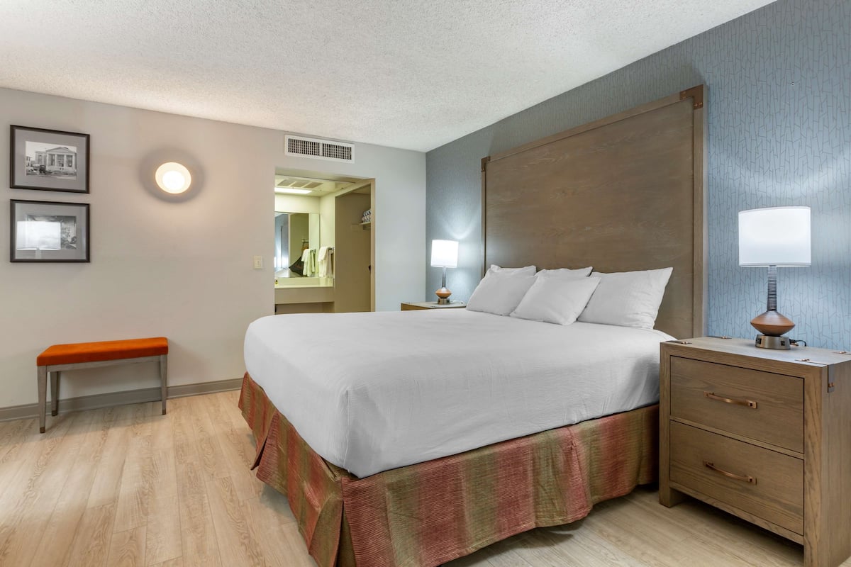 A neatly arranged hotel room with a large bed, a bedside table with a lamp, a bench, and framed pictures on the wall.
