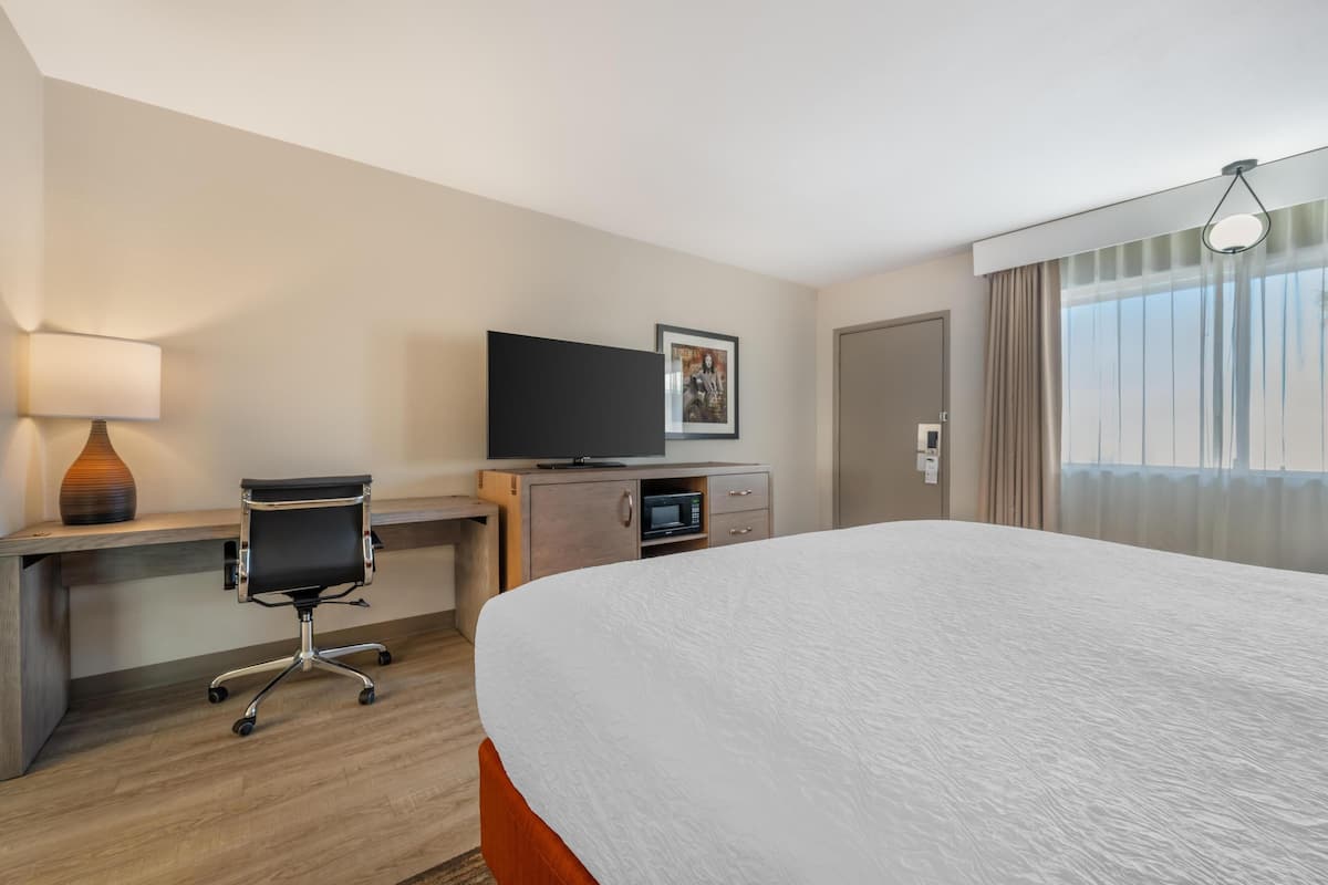 A hotel room with a large bed, a desk with a computer, a TV, and a microwave.