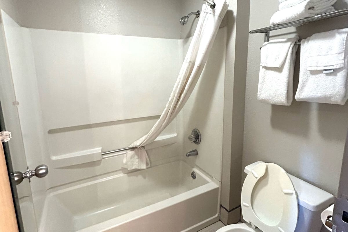 A bathroom with a bathtub, toilet, and a shower curtain.