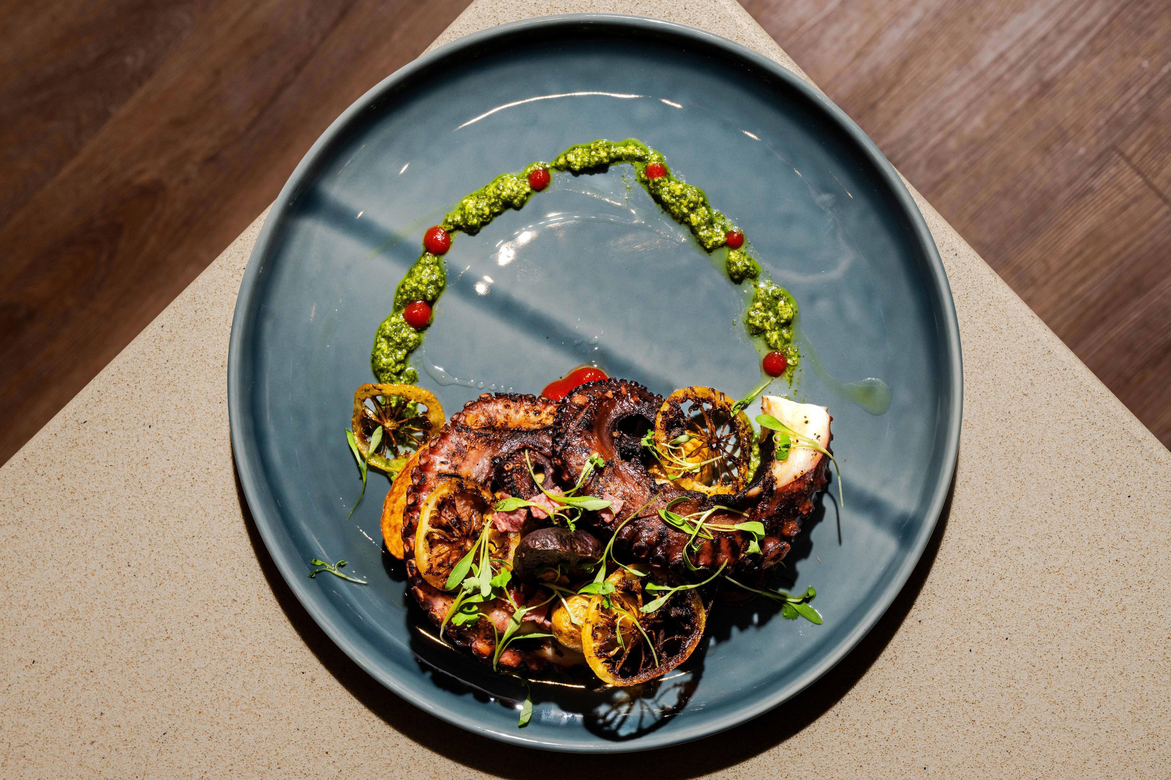 A plate of food with a dark blue rim, garnished with green sauce and red berries, and accompanied by grilled vegetables and herbs.