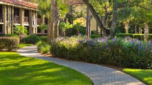 A paved pathway leading to a building with a tiled roof and multiple balconies.