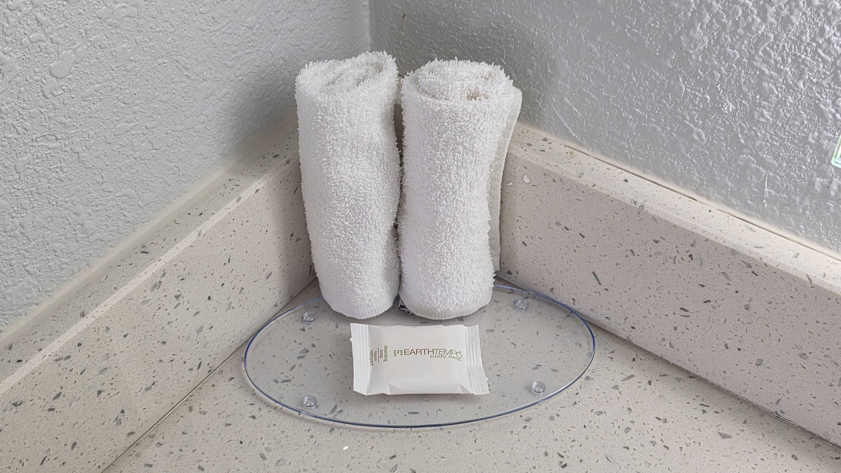 A corner of a room with a textured wall, a speckled floor, and a pair of white towels standing upright on a circular object.