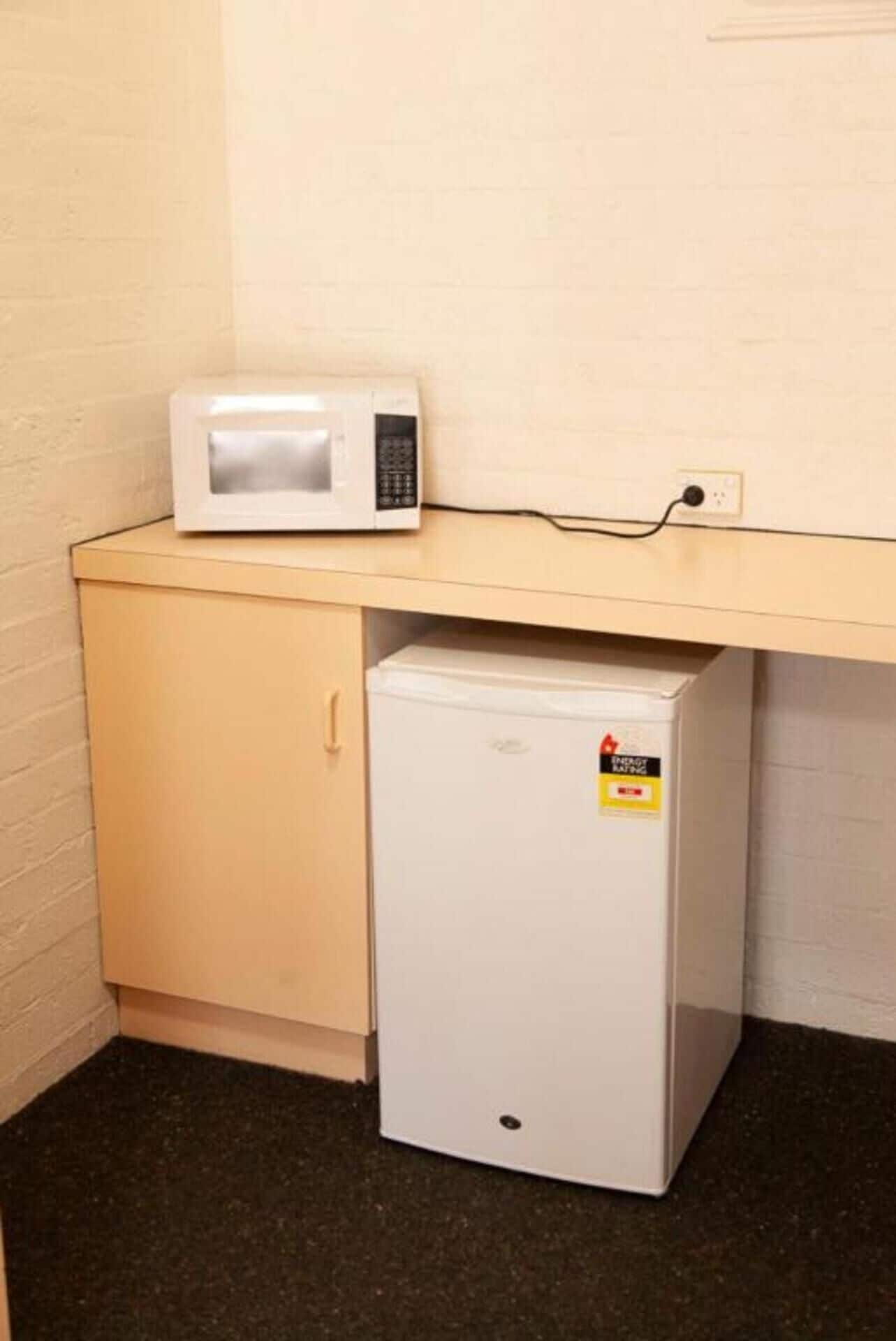 A small kitchenette with a microwave on a countertop and a mini-fridge below.