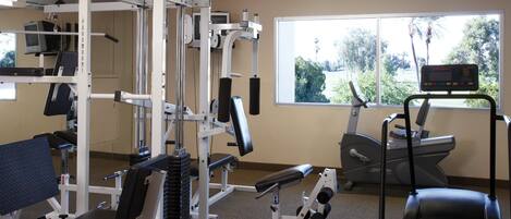 A gym with exercise equipment, a treadmill, and a window with a view of trees.