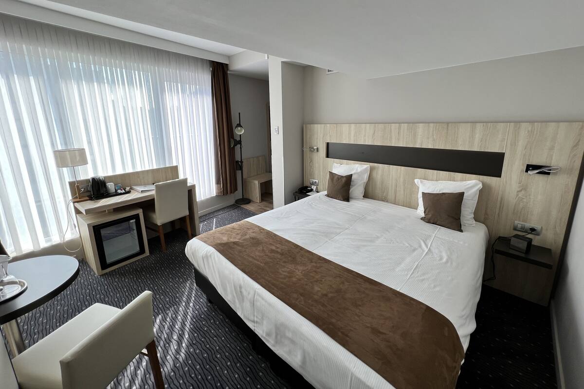 Habitación de hotel con una cama grande, un escritorio, una silla, un televisor y una mesita de noche.