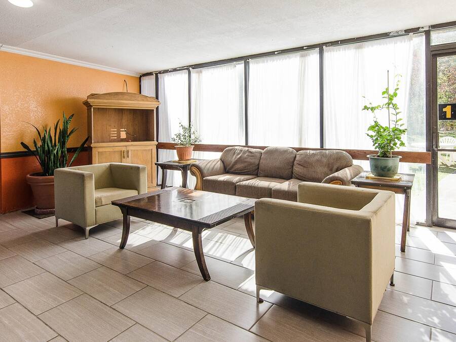 Um hall de entrada com sofá, poltronas, mesa de centro, aparador e plantas em vasos.