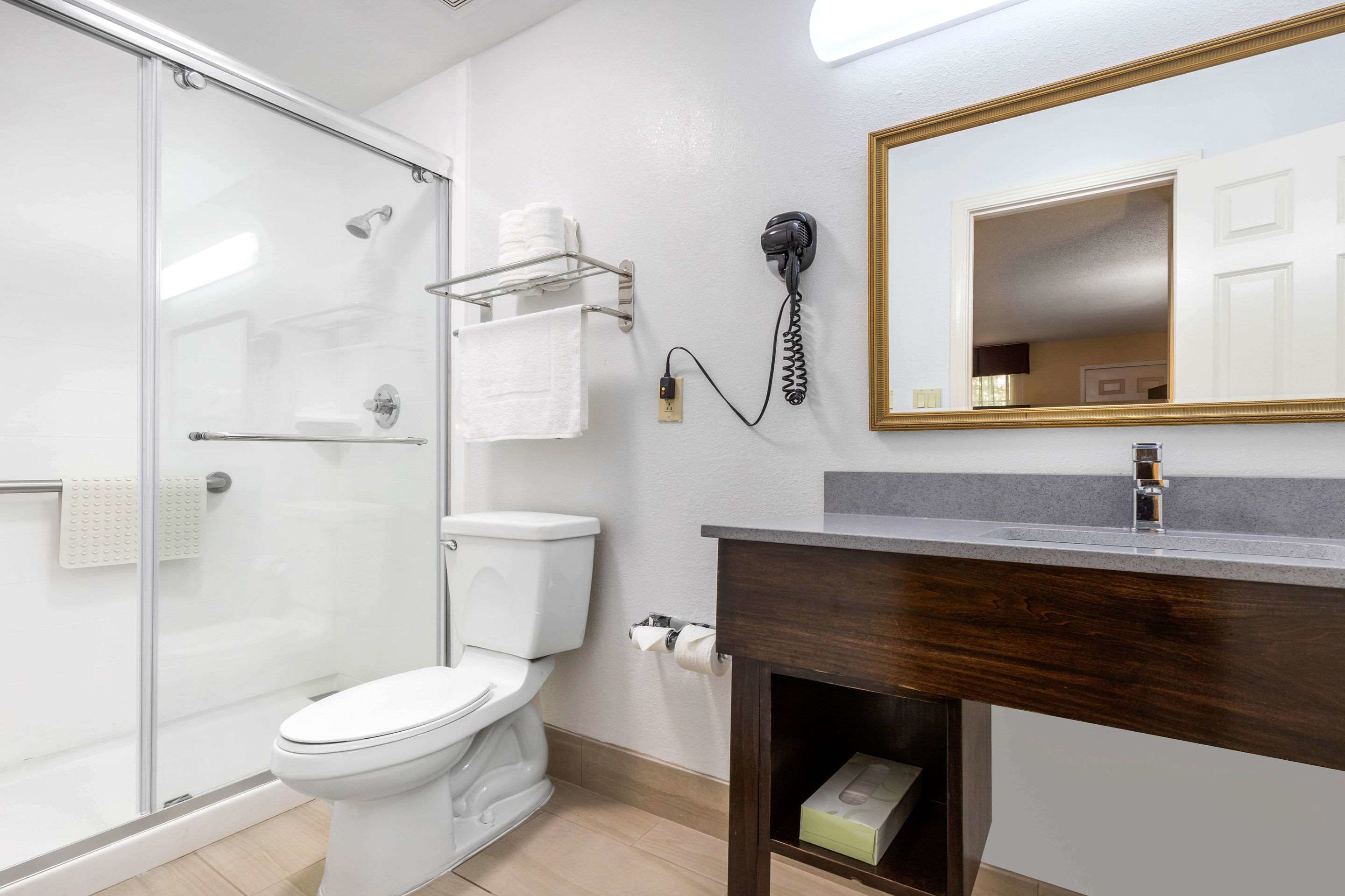 A bathroom with a glass shower enclosure, a toilet, a vanity with a mirror, and a towel rack.