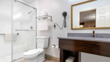 A bathroom with a glass shower enclosure, a toilet, a vanity with a mirror, and a towel rack.