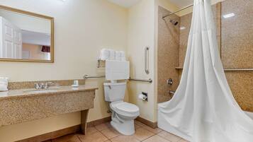 Une salle de bain avec un lavabo, des toilettes et une douche.