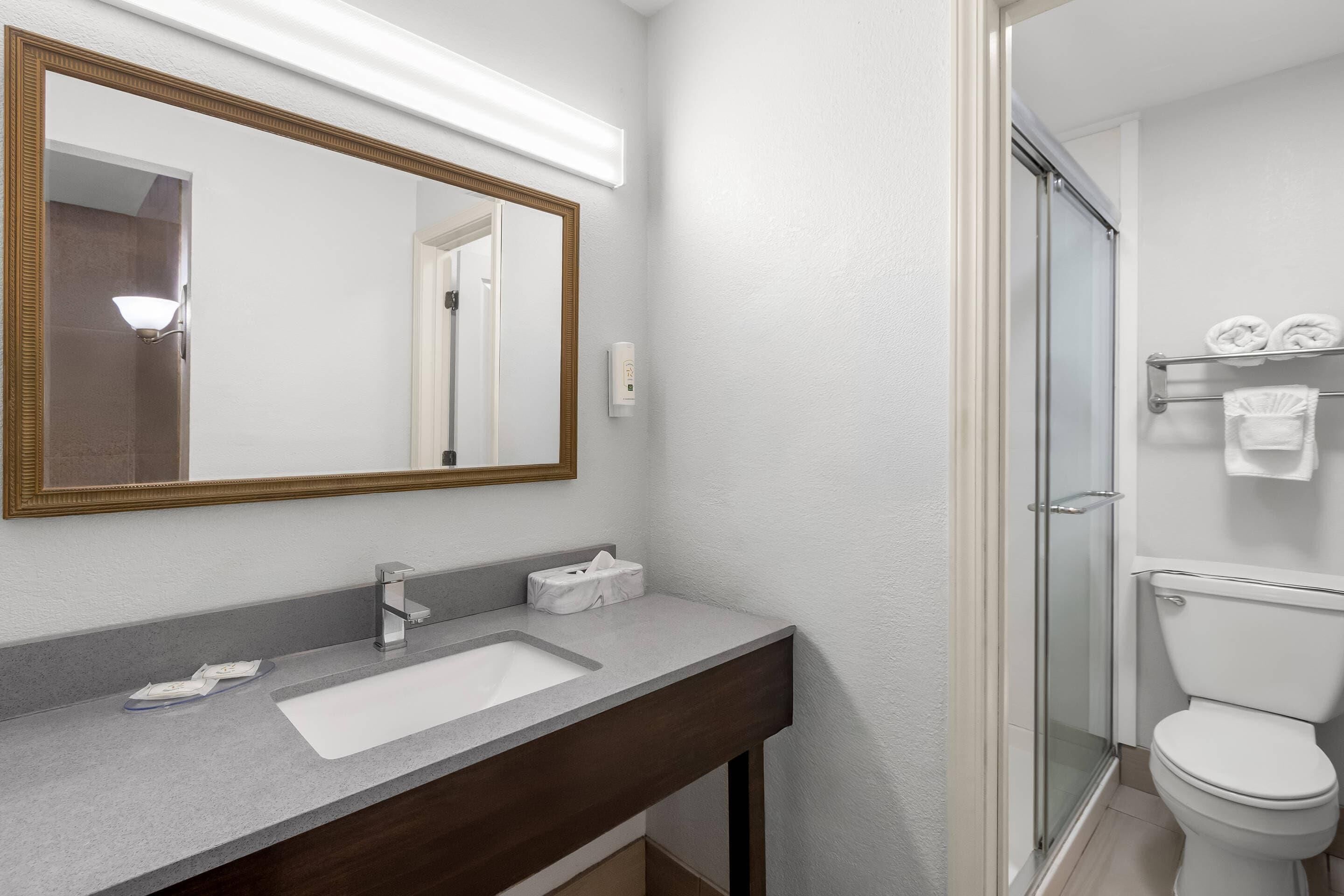 A bathroom with a sink, mirror, towel rack, and toilet.