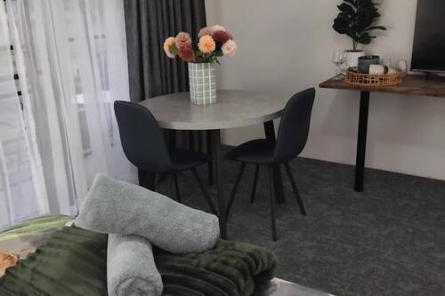 Down duvets, desk, blackout curtains, iron/ironing board