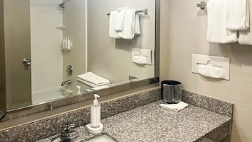 Room, 2 Queen Beds, Non Smoking (Microwave & Fridge) | Bathroom | Combined shower/tub, hair dryer, towels